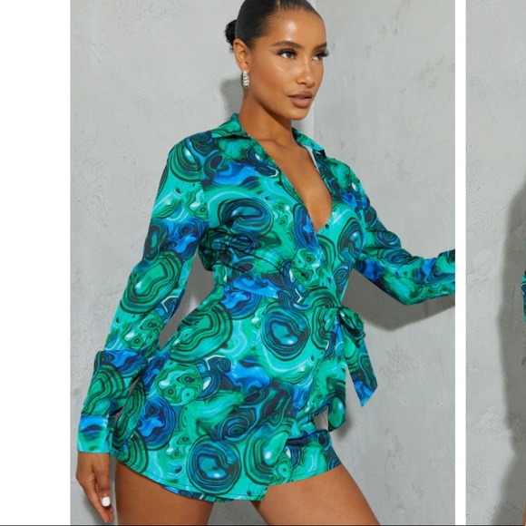 PrettyLittleThing Pants - PrettyLittleThing Blue Marble Print Wrap Collared Romper